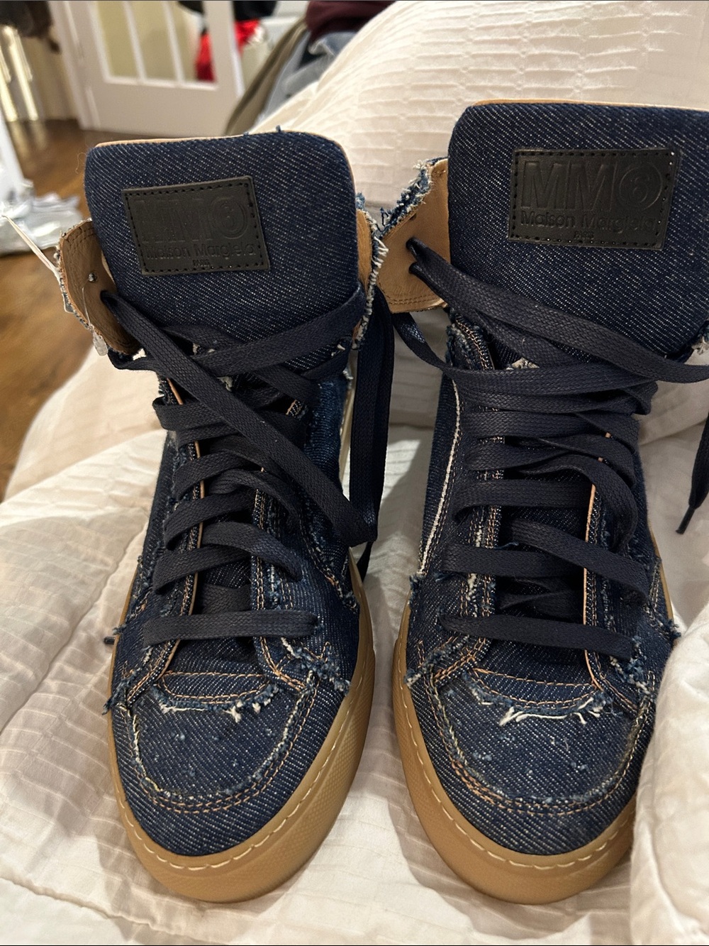 MM6 Maison Martin Margiela Dark Blue Denim High-Top Sneakers with Tan Sole